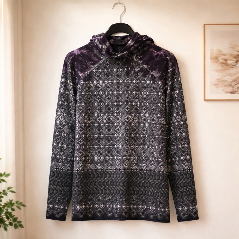 Etro Milano 46 Women Black Purple Geometric Wool Blend Turtleneck Top Large NEW‎
